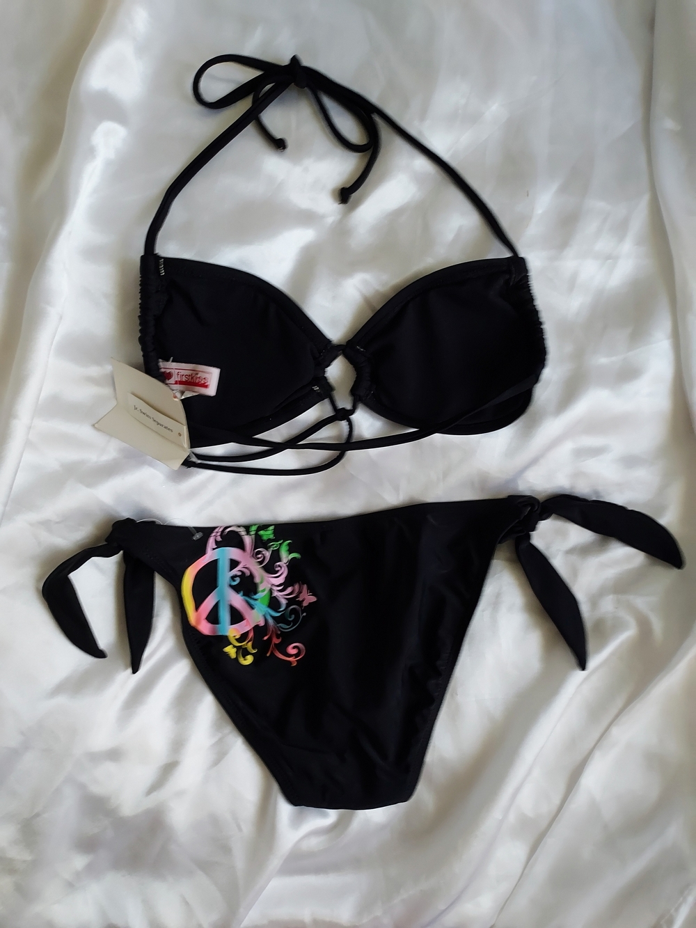 Hot Kiss Black Bikini Set with Rainbow Peace Sign Accent - Picture 2 of 5